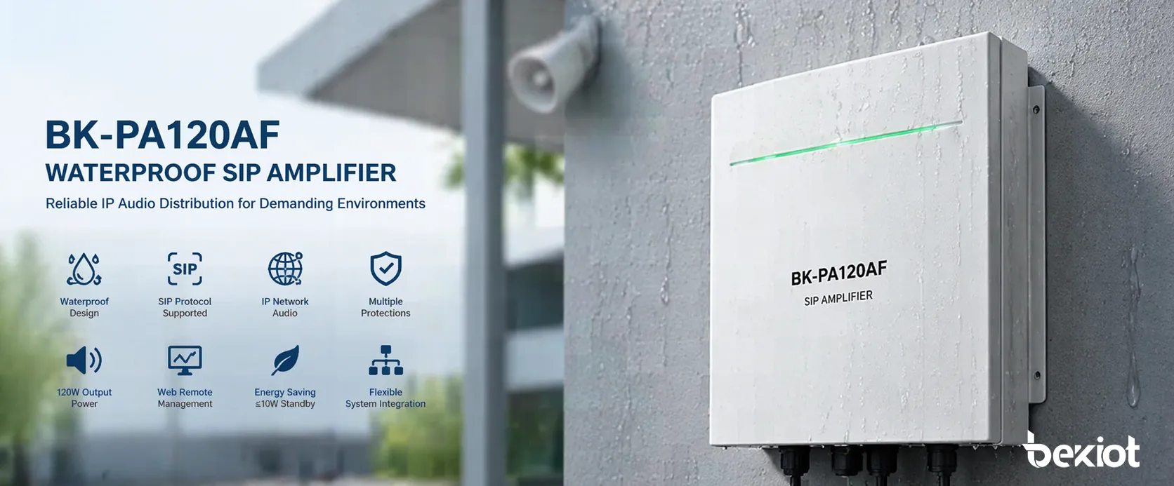 BK-PA120AF waterproof SIP amplifier front view in a network audio deployment