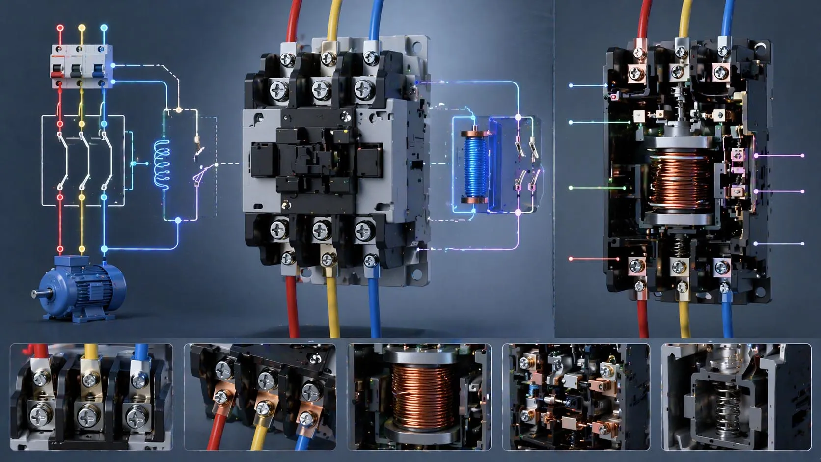 AC contactor terminal identification showing A1 A2 coil terminals main power terminals and auxiliary contact markings on a standard industrial contactor AC contactor terminal identification showing A1 A2 coil terminals main power terminals and auxiliary contact markings on a standard industrial contactor