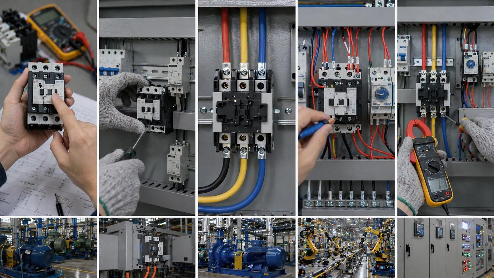 AC contactor installation steps showing equipment mounting main power wiring control circuit wiring inspection and commissioning in a motor starter panel AC contactor installation steps showing equipment mounting main power wiring control circuit wiring inspection and commissioning in a motor starter panel