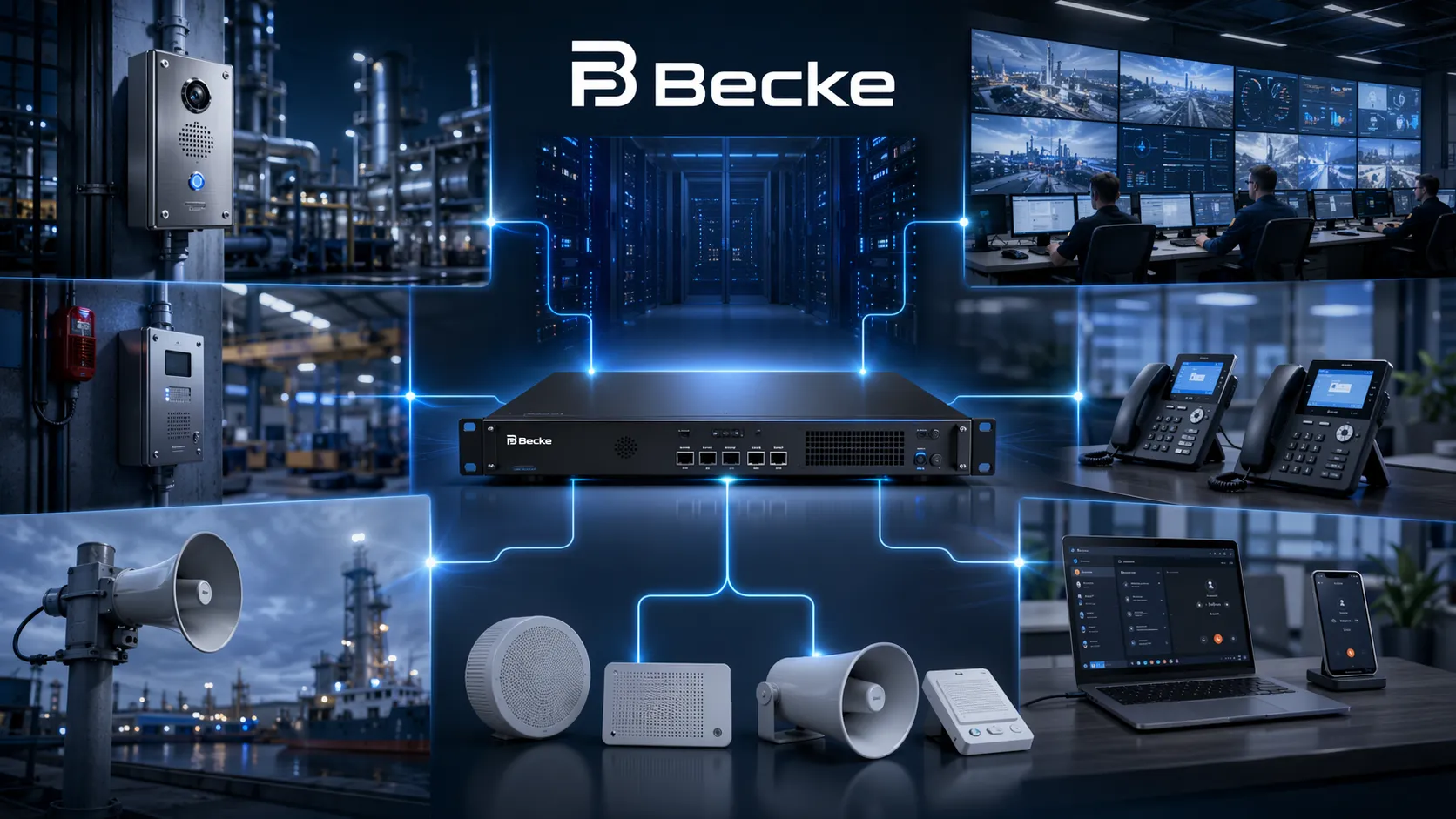 Becke industrial IPPBX software connecting office extensions, SIP intercoms, paging devices, and control room operators