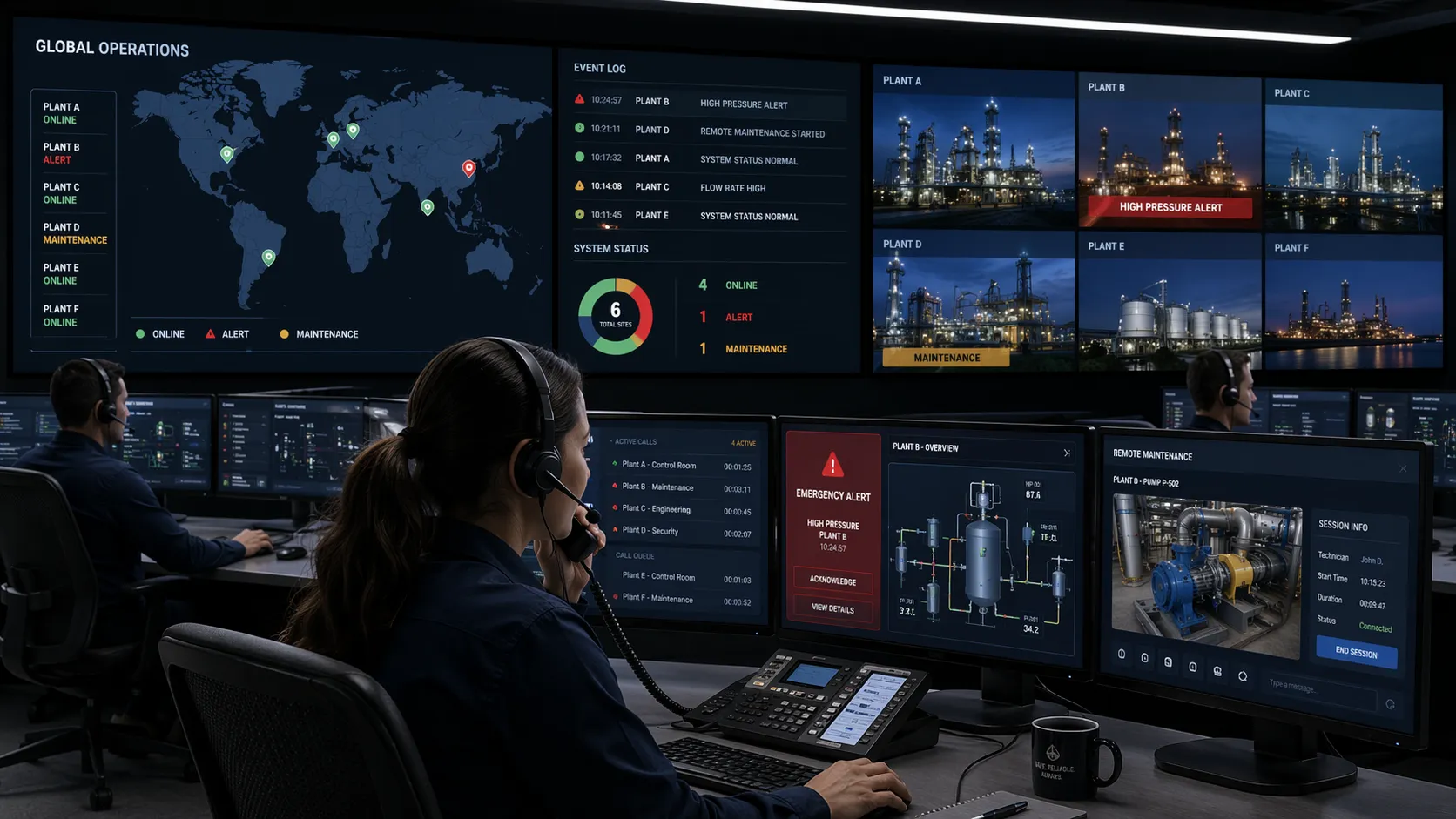 Control room staff managing industrial telephone calls, emergency events, and remote maintenance across multiple facility locations