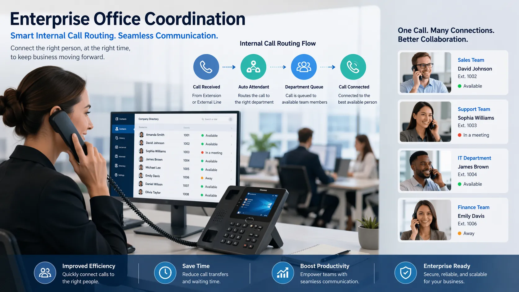 Enterprise office coordination using internal call routing and desk phone communication