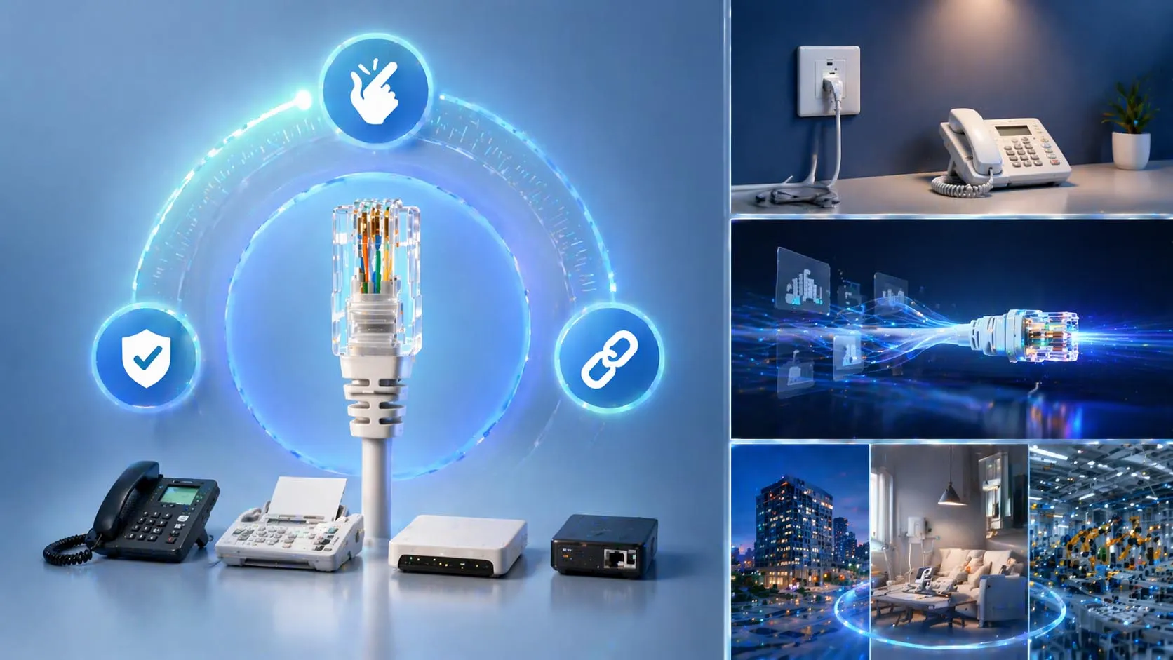 RJ11 analog telephone interface connected to a voice gateway in a hybrid communication system