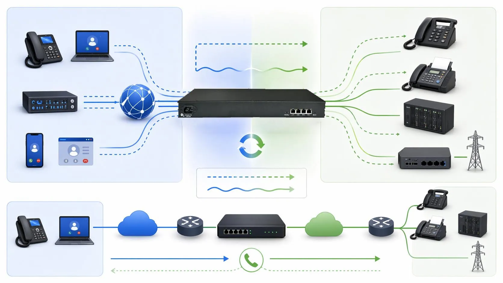 SIP gateway working principle showing SIP signaling on one side and analog or digital voice interfaces on the other