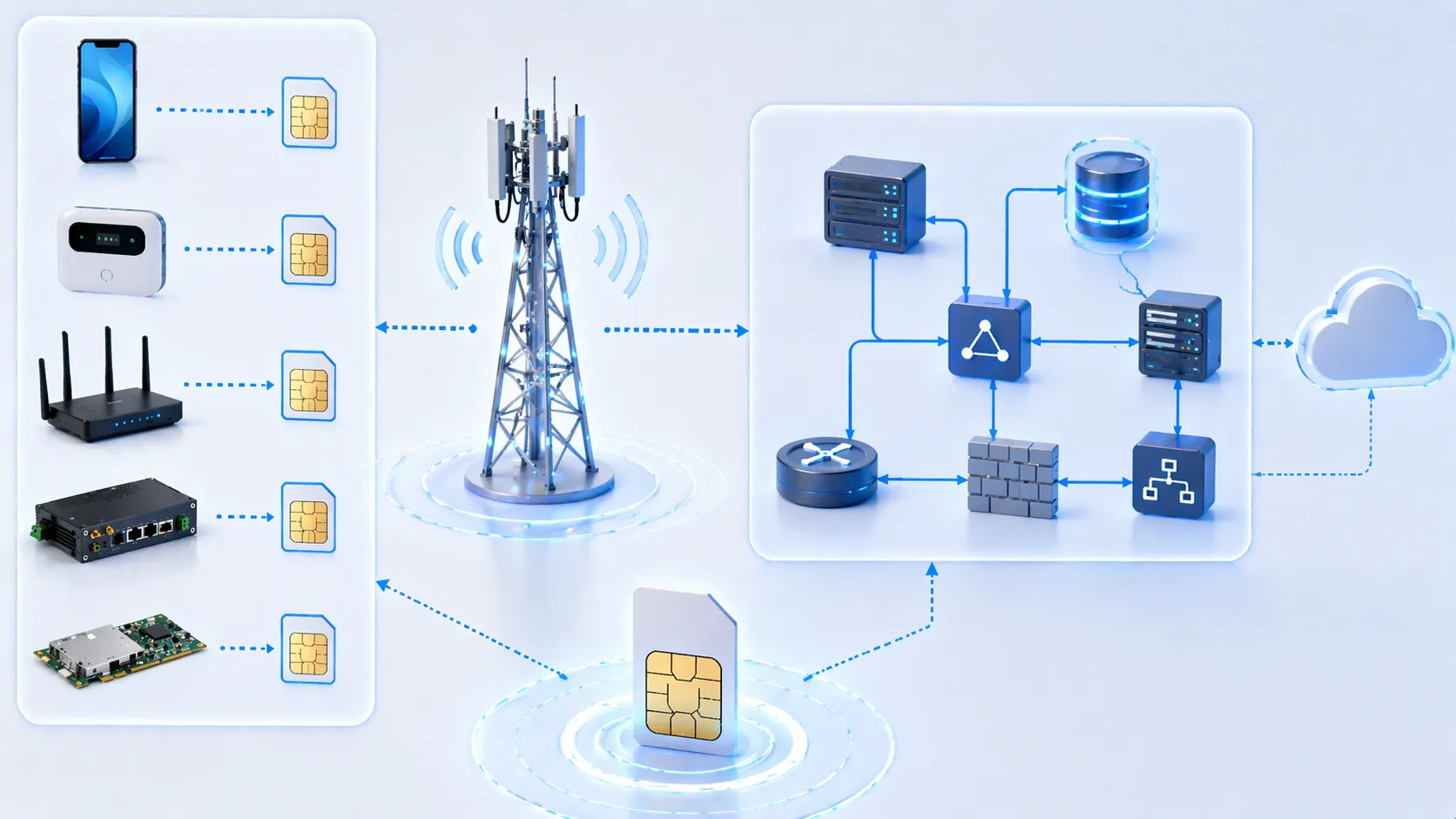 SIM card position in mobile network architecture from device and radio access to core network authentication systems