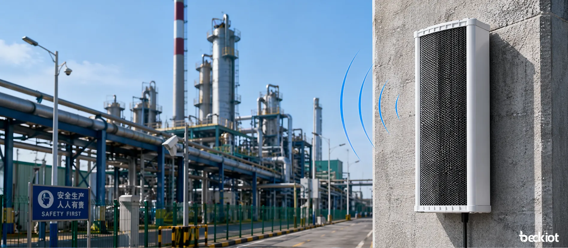 SK09 SIP 90W audio column speaker installed in an outdoor industrial public address environment