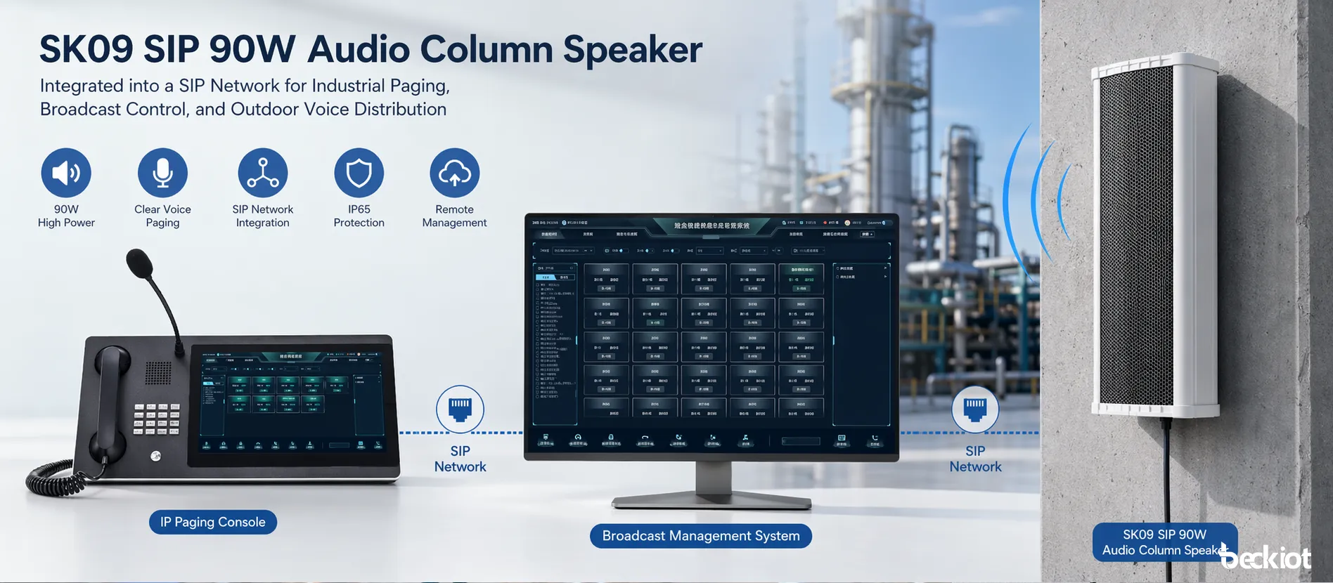 SK09 SIP 90W audio column speaker connected to a SIP paging and broadcast network