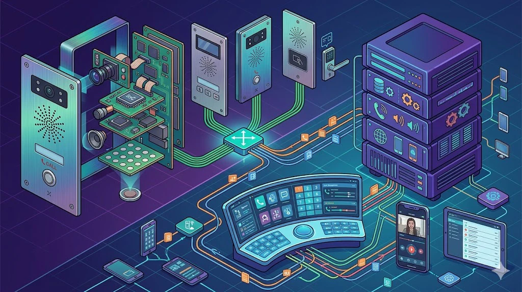 SIP intercom working principle with SIP registration call initiation and two-way audio or video communication