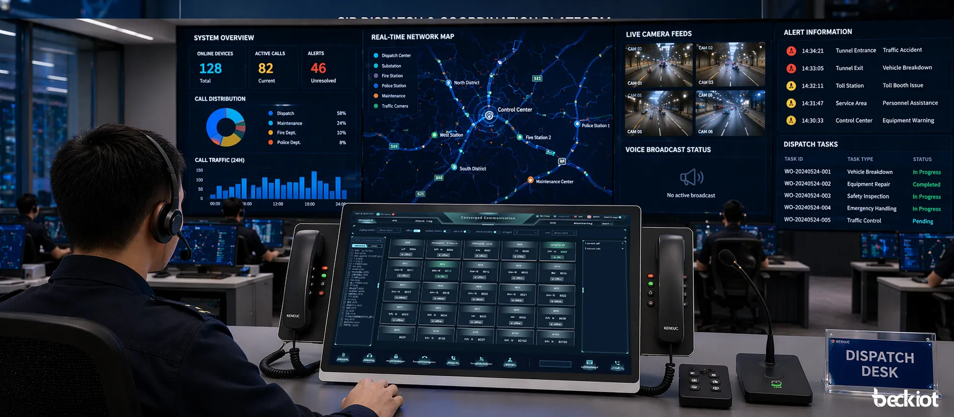 BK-DSC-236 IP Dispatch Console used in a control room for communication, notification, and dispatch operations