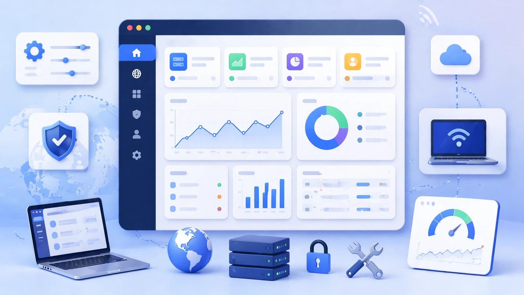 Web management features including graphical configuration, remote access, monitoring dashboards, logs, and administrative controls