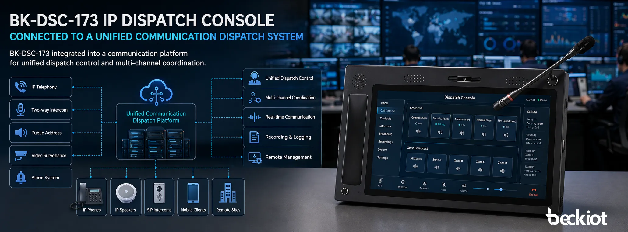 BK-DSC-173 IP Dispatch Console used in a modern control room environment