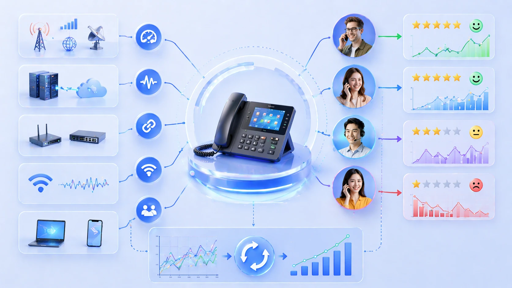 Network operations team monitoring call quality video performance and end user experience metrics
