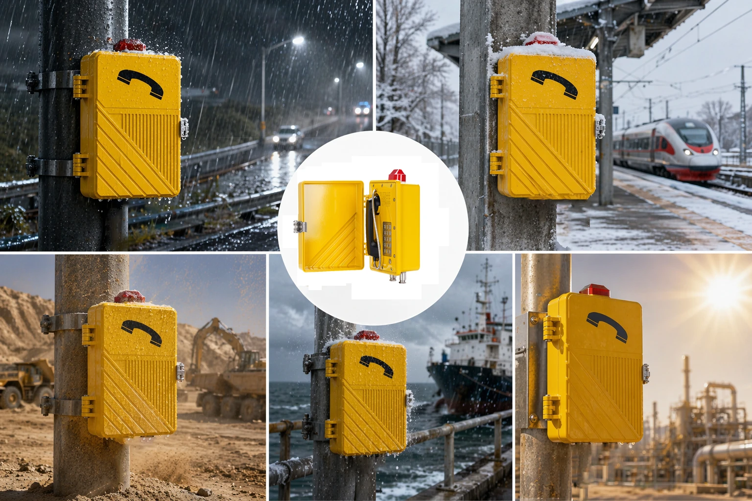 Weatherproof communication devices used in transportation, industrial, and public safety environments