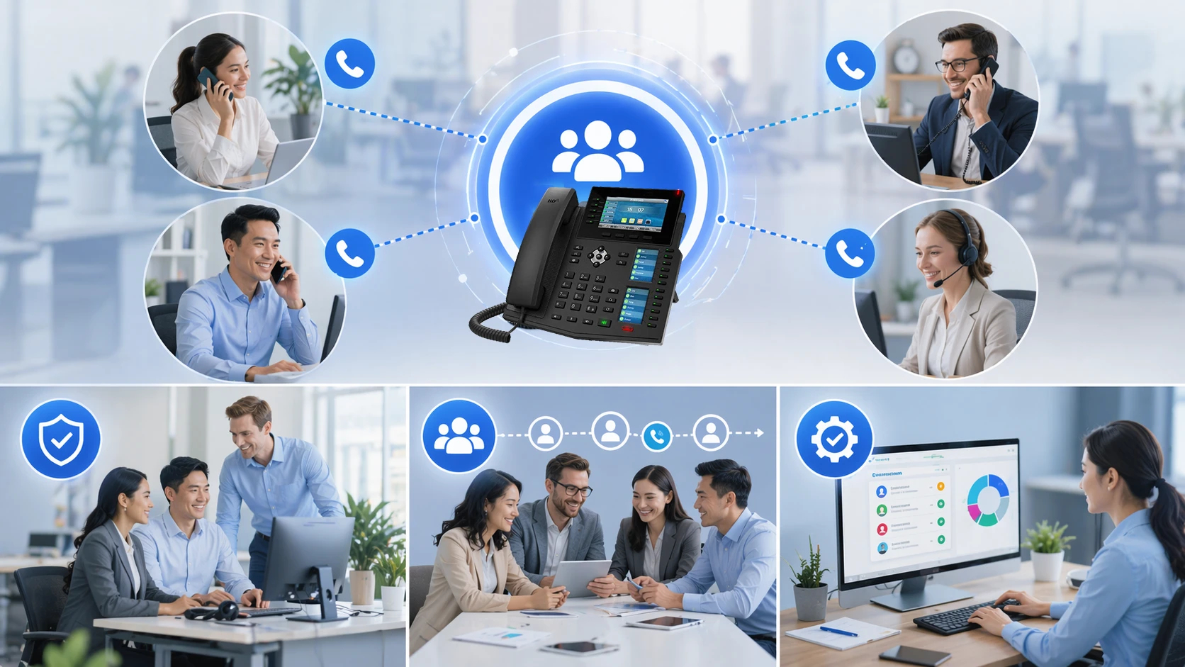Shared business line across multiple IP phones improving call coverage and team awareness