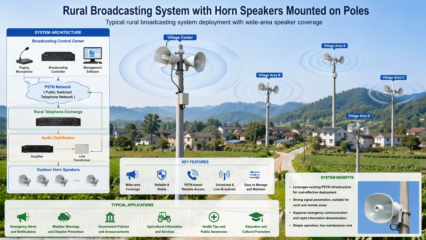 Rural broadcasting system with horn speakers mounted on poles