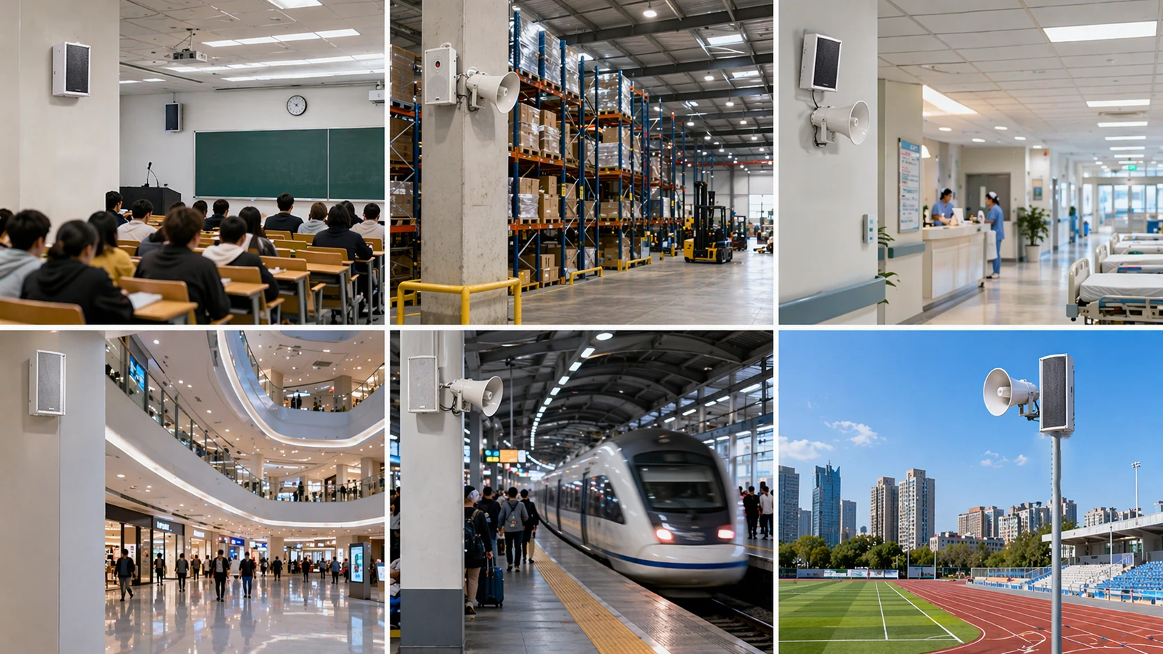 Public address system applications in schools factories hospitals transport hubs and outdoor facilities