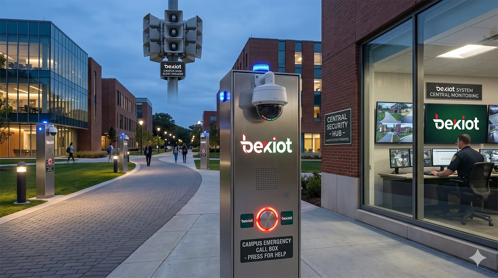 Emergency call box system deployed across a campus walkway with help points, cameras, speakers, and a central security room