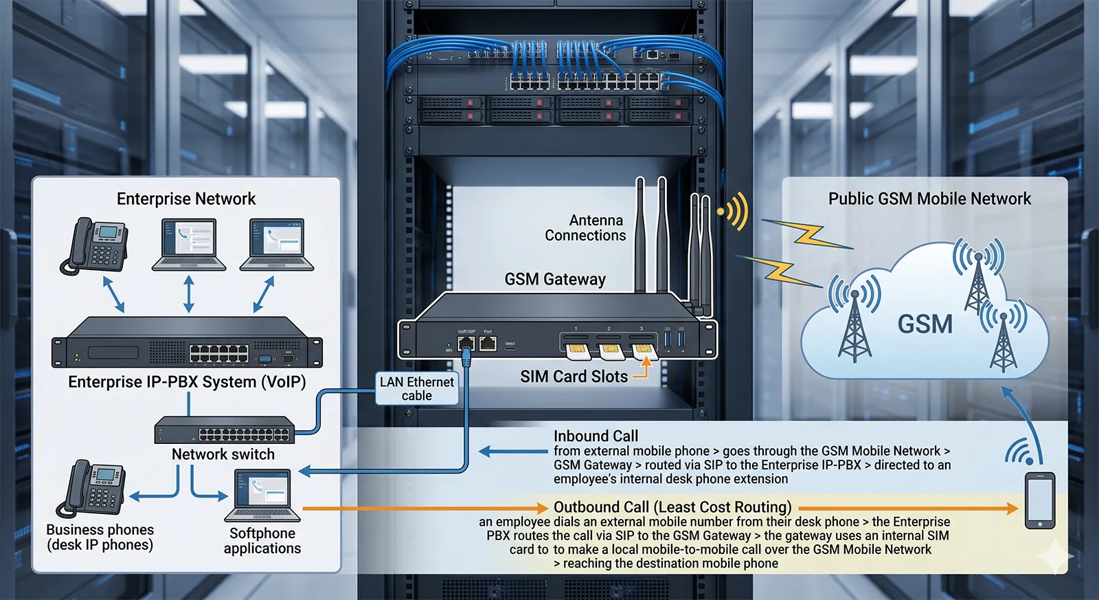 GSM Gateway connecting a business phone system with the GSM mobile network in an enterprise voice environment